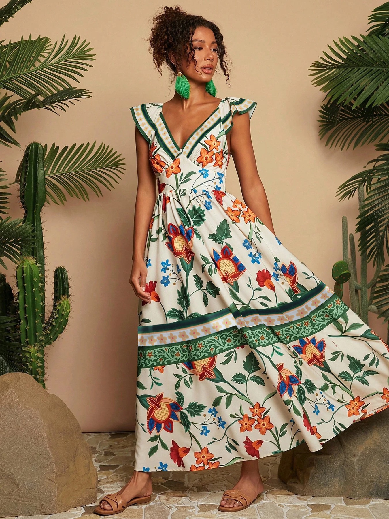 2026 Women's Tropical Print V-Neck Off-Shoulder Short-Sleeve Dress, Vacation, Summer, Summer Women's Clothing image 1