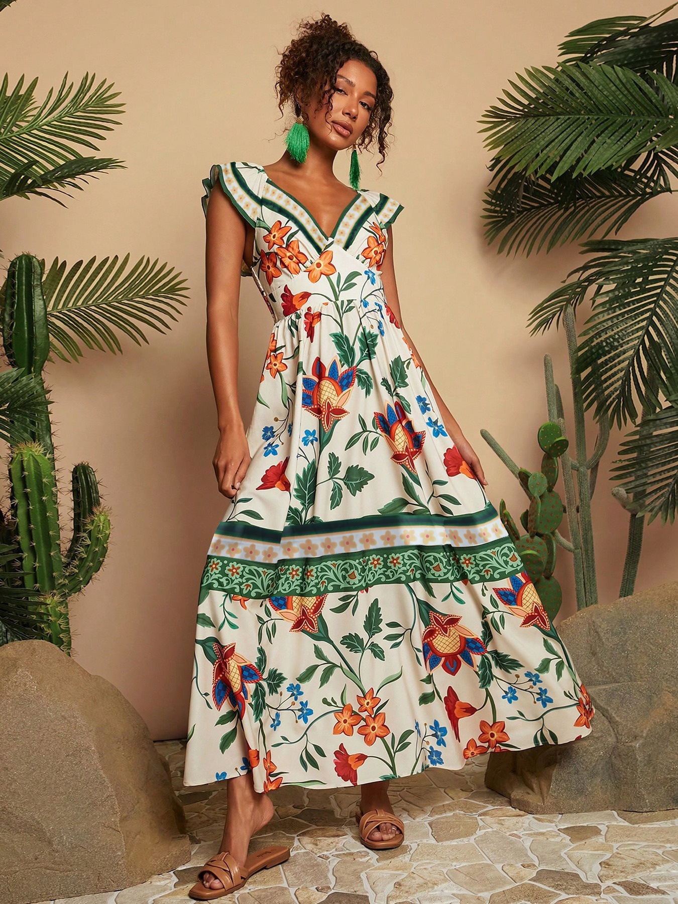 2026 Women's Tropical Print V-Neck Off-Shoulder Short-Sleeve Dress, Vacation, Summer, Summer Women's Clothing