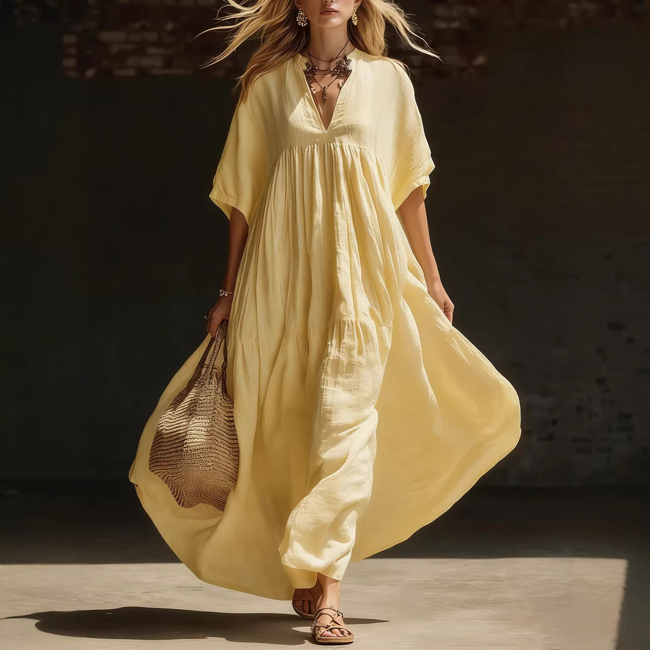 2026 European and American style new summer solid color casual loose beach vacation long V-neck women's dress image 3