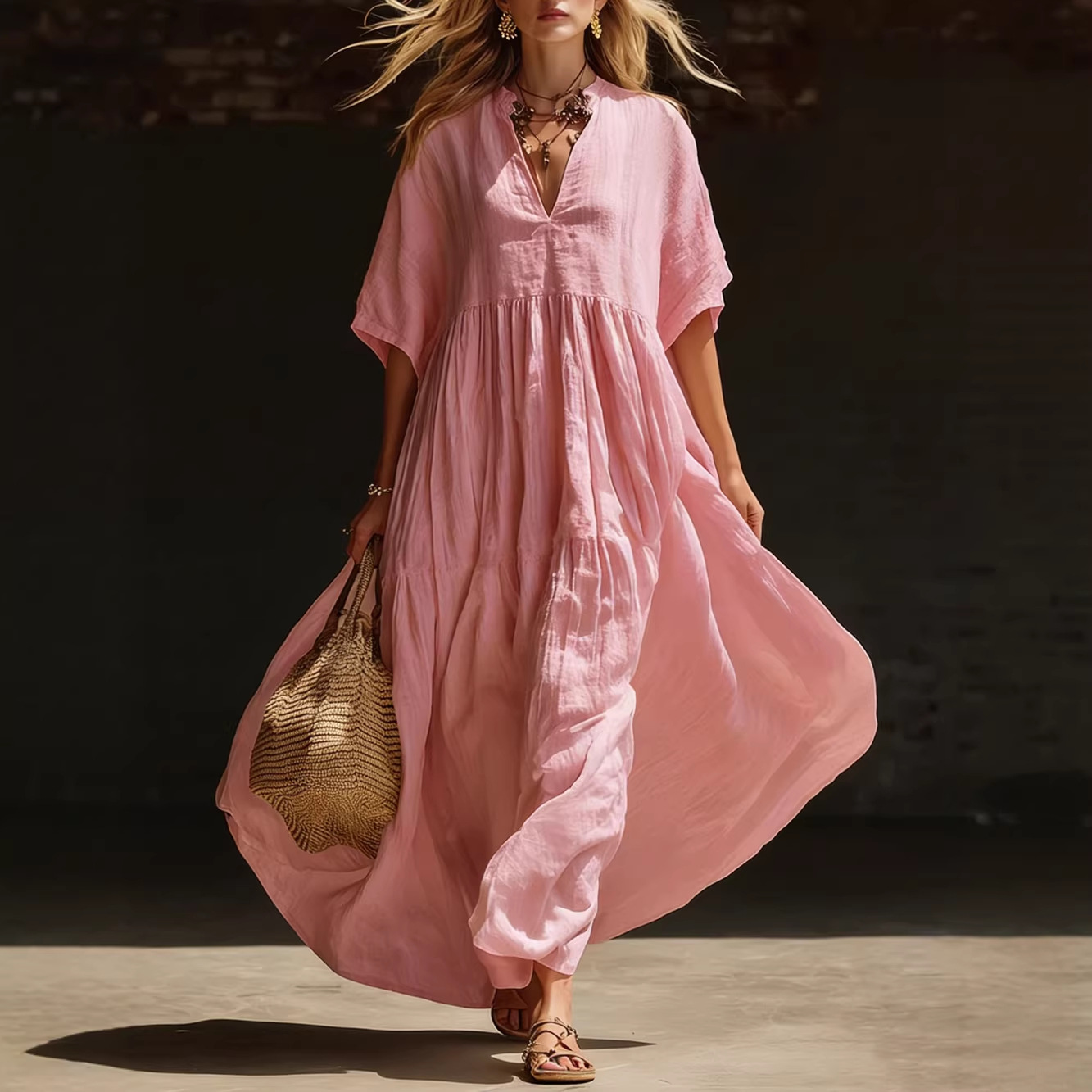 2026 European and American style new summer solid color casual loose beach vacation long V-neck women's dress image 2
