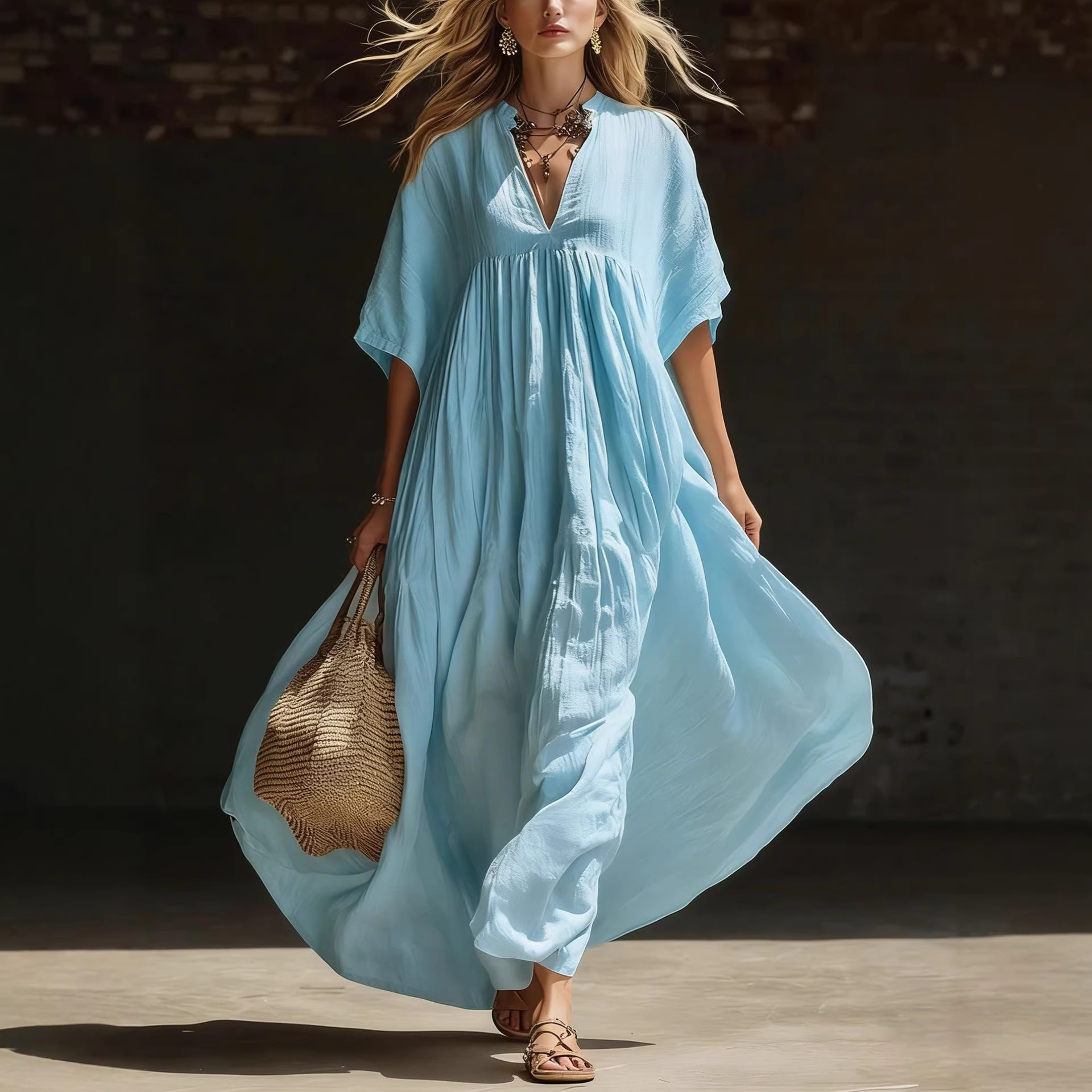 2026 European and American style new summer solid color casual loose beach vacation long V-neck women's dress image 4