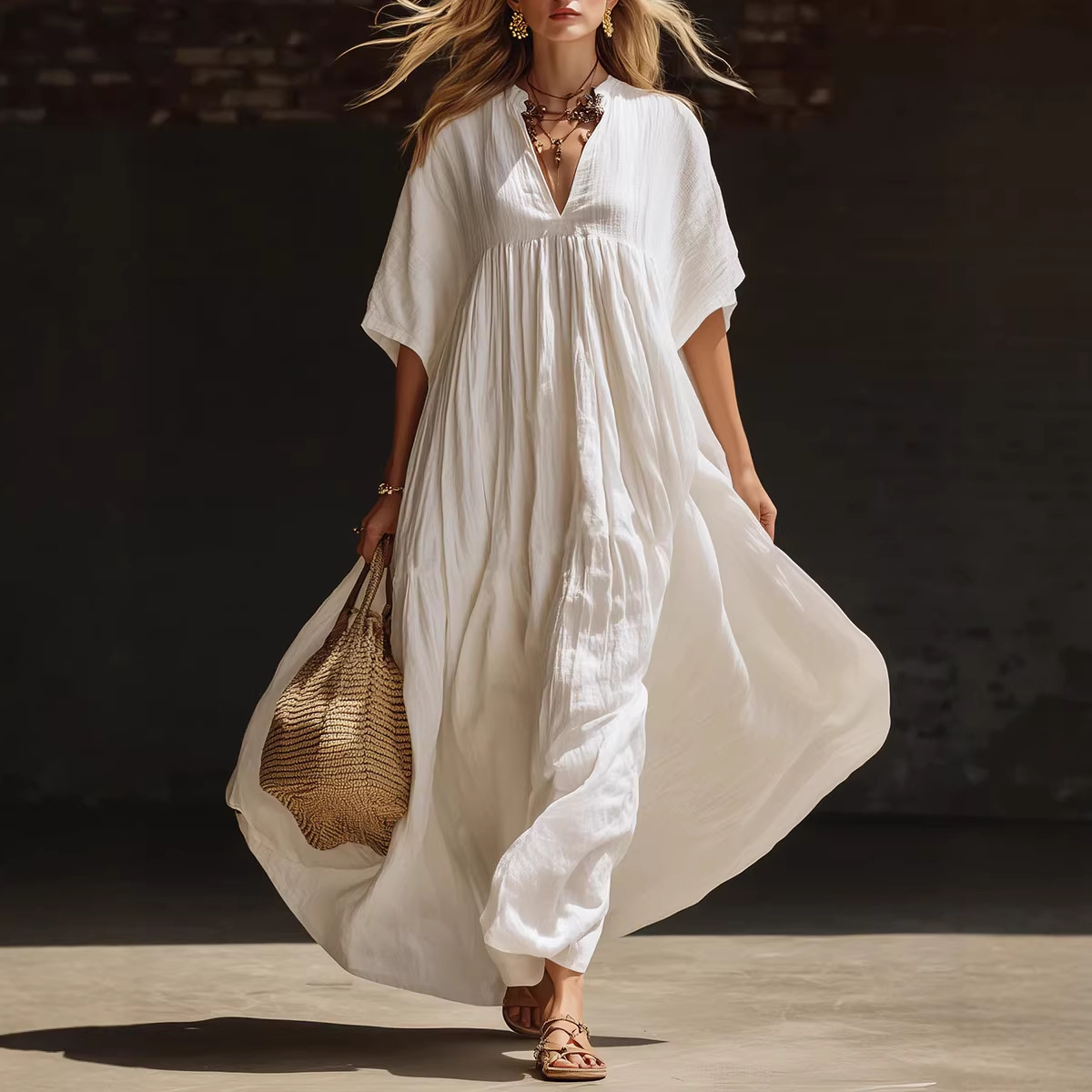 2026 European and American style new summer solid color casual loose beach vacation long V-neck women's dress