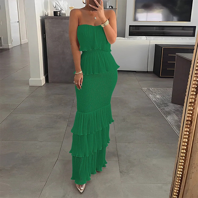 2026 Fashionable and Sexy Women's Clothing: Sleeveless Strapless Dress with Pleated Ruffles and Hem - Summer Style image 4