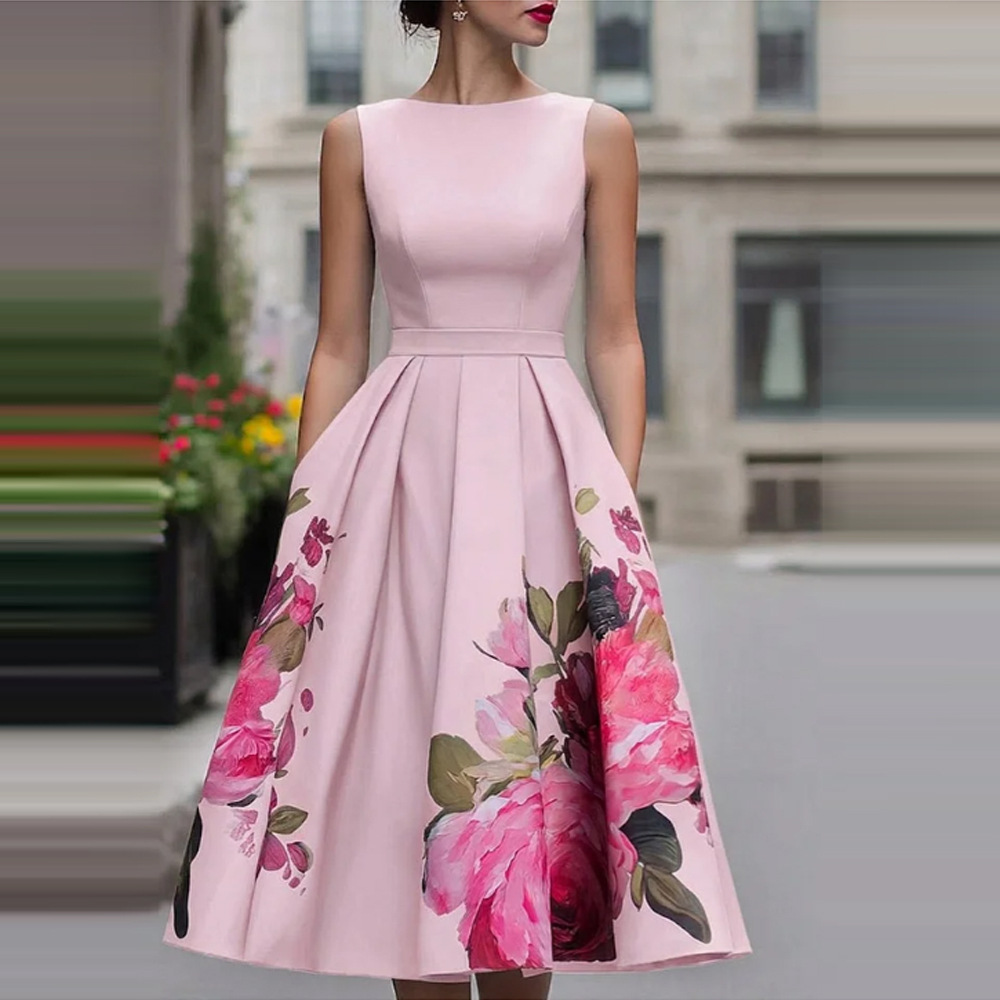 2026 Spring/Summer Independent Website Hot Selling New Sleeveless Floral Waist-cinching Pleated Dress for Women