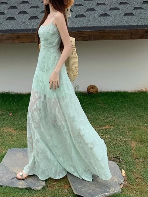Lace slip dress for women, summer French resort style, slim waist, elegant long skirt image 1